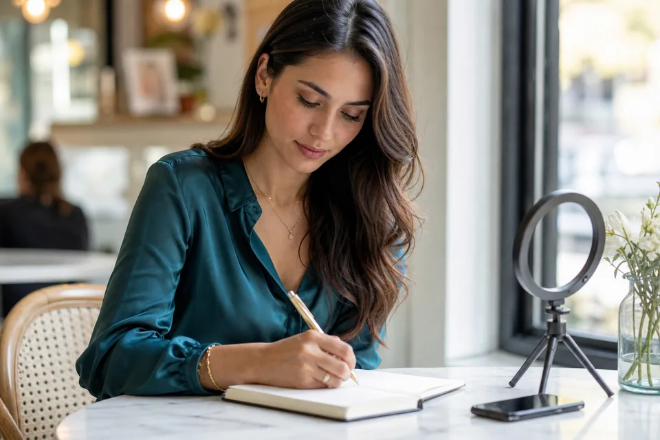 A creator writing her custom video menu in a notebook beside her phone