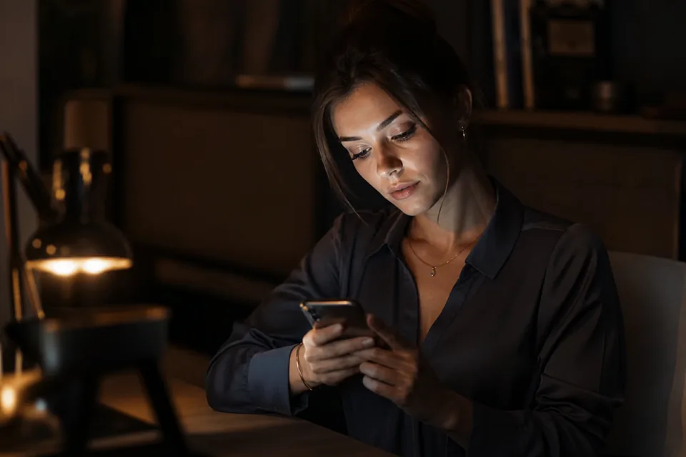 A creator checking her privacy settings on her phone in a dark room