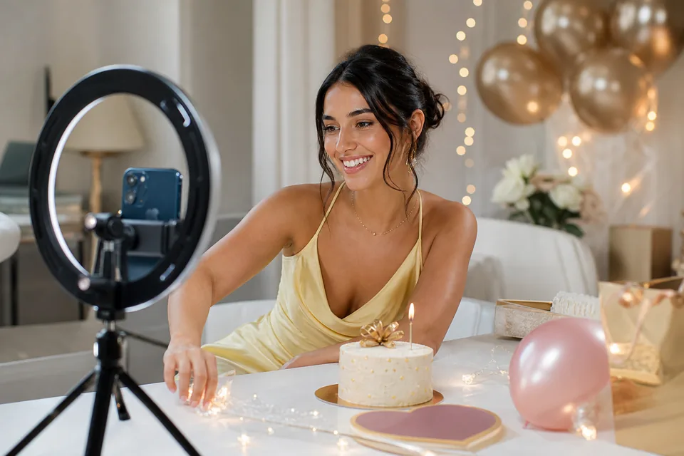 A creator planning a themed online meet and greet with props on her desk