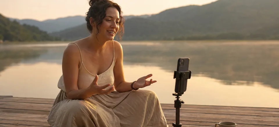 A woman on a video call from a lake dock at sunset, phone propped on a small tripod