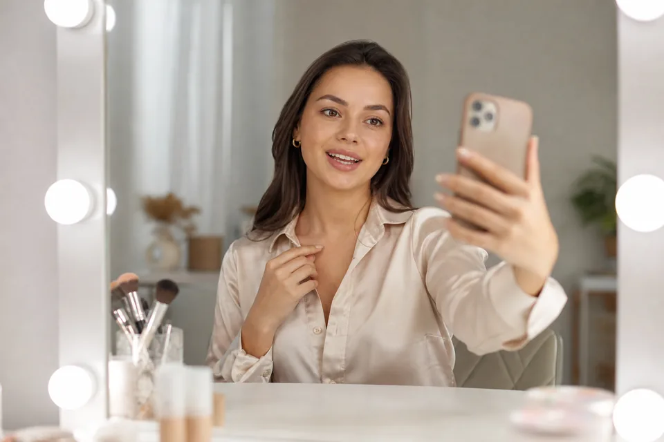 A creator at a lit vanity mirror recording a personal message to a fan on her phone
