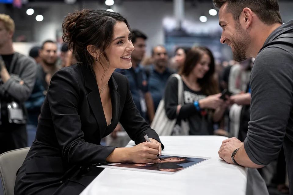 A creator signs a print for a smiling fan at a convention table while a line of fans waits behind