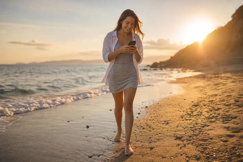 A woman at the beach at golden hour, phone in hand, checking her bookings