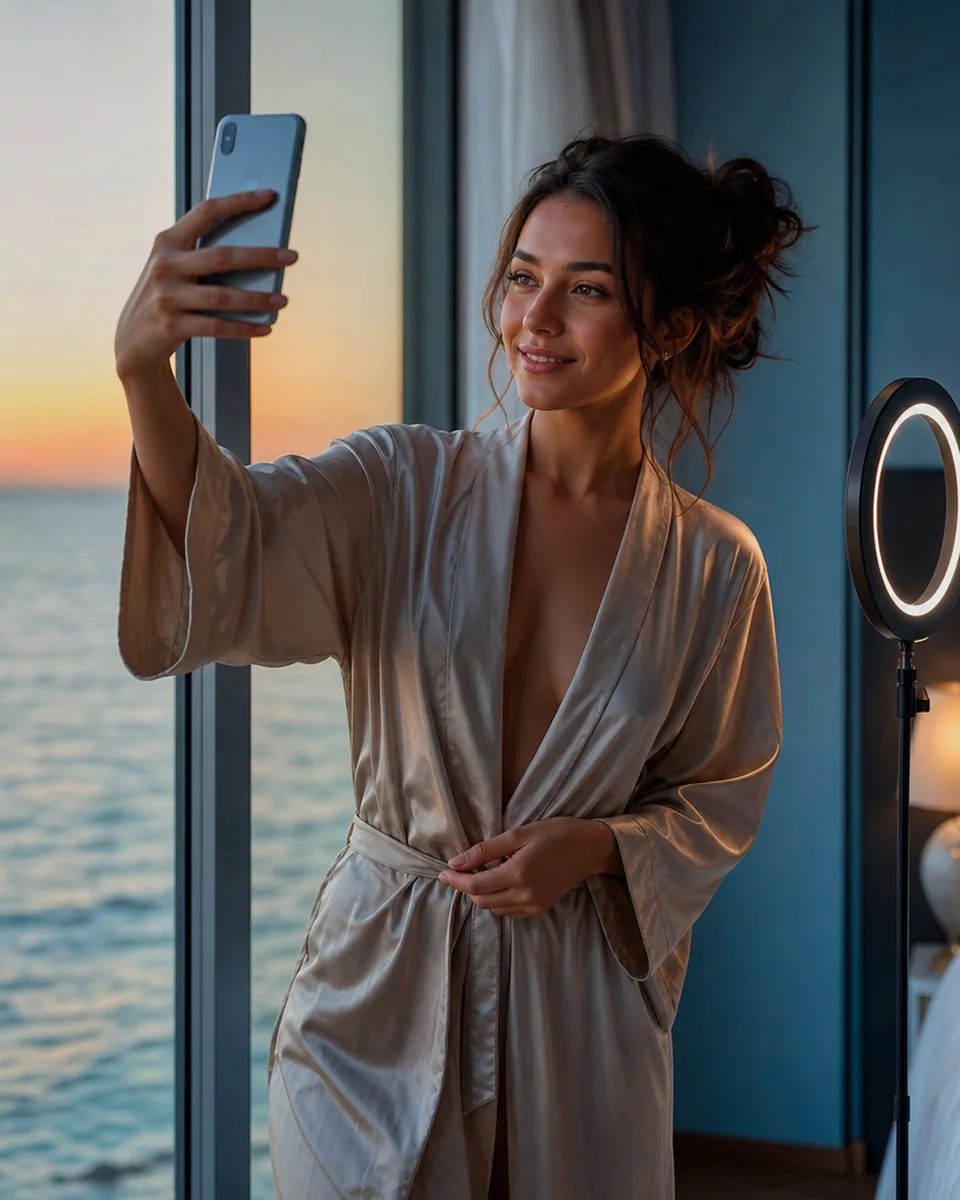 A creator smiling at her phone, ready for a booked video call