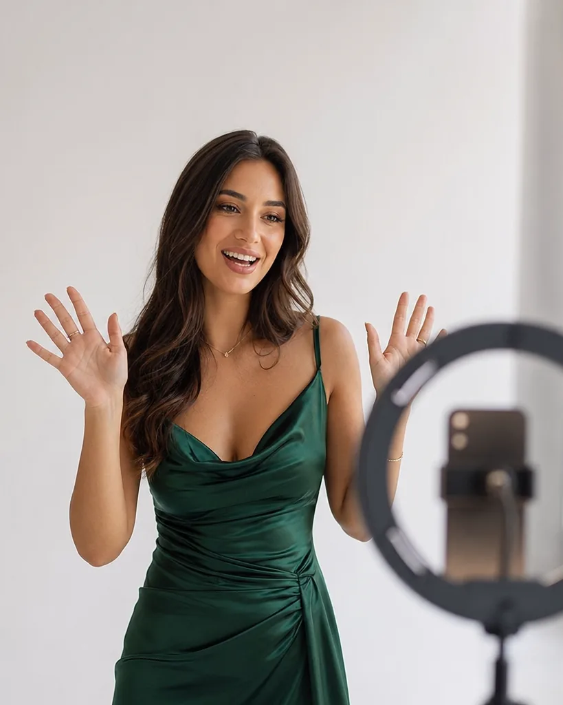 Creator in an emerald satin dress waving at a phone on a tripod