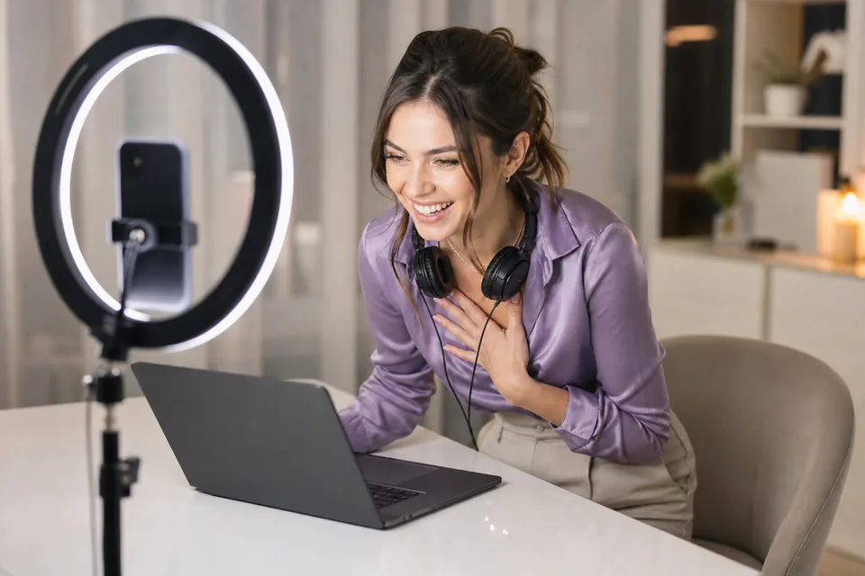 A creator laughs at her laptop during a virtual meet and greet, ring light and phone on a stand beside her