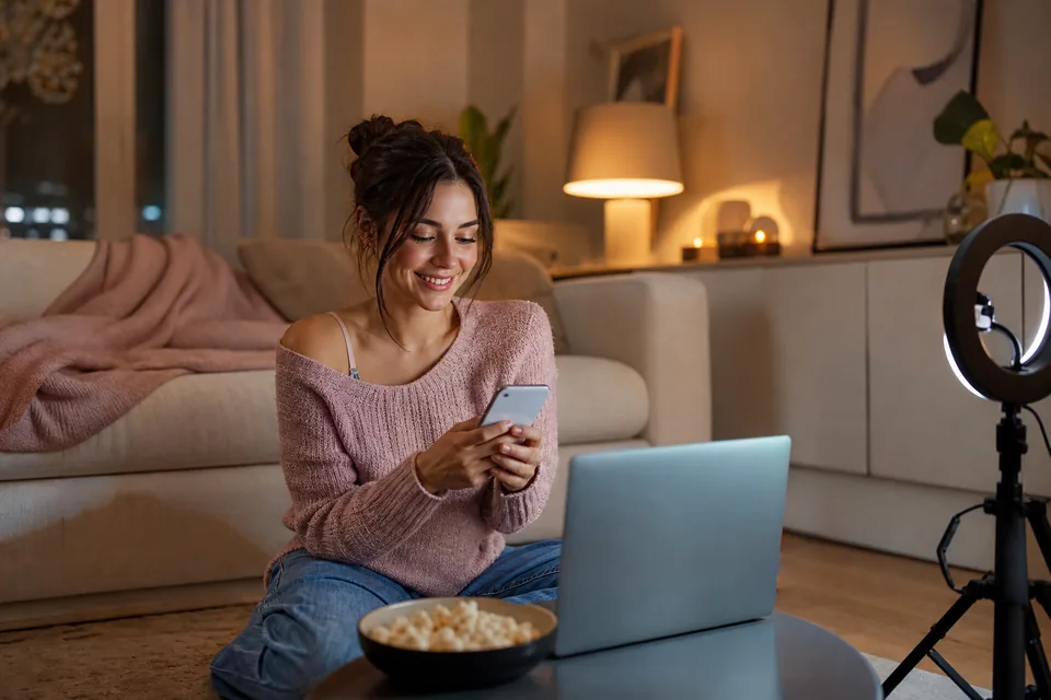 A creator on her living room floor with a ring light and a laptop, checking ticket sales on her phone before a group session