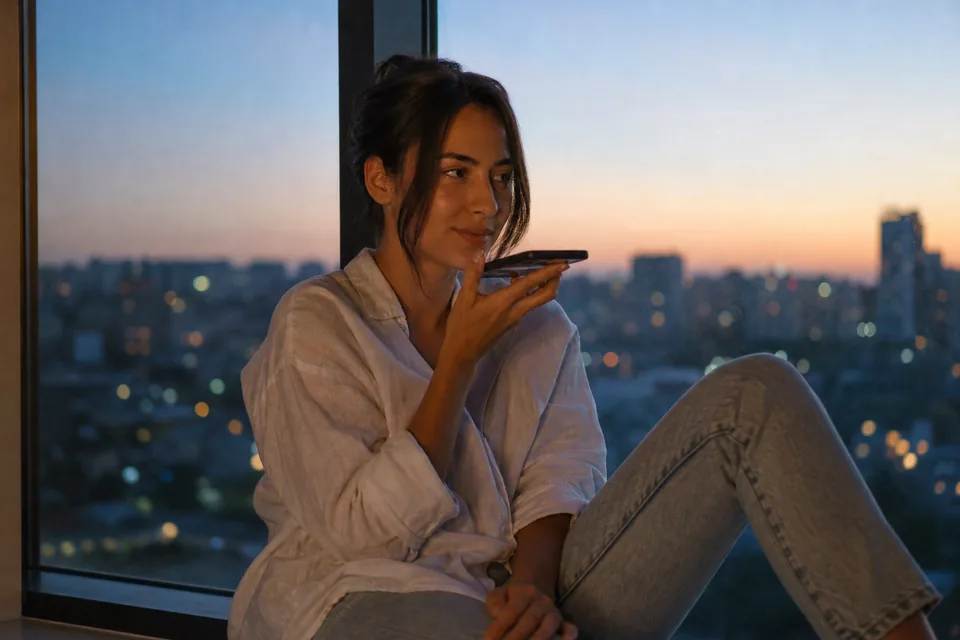 A woman sitting by a window above the city at dusk, recording a voice message on her phone